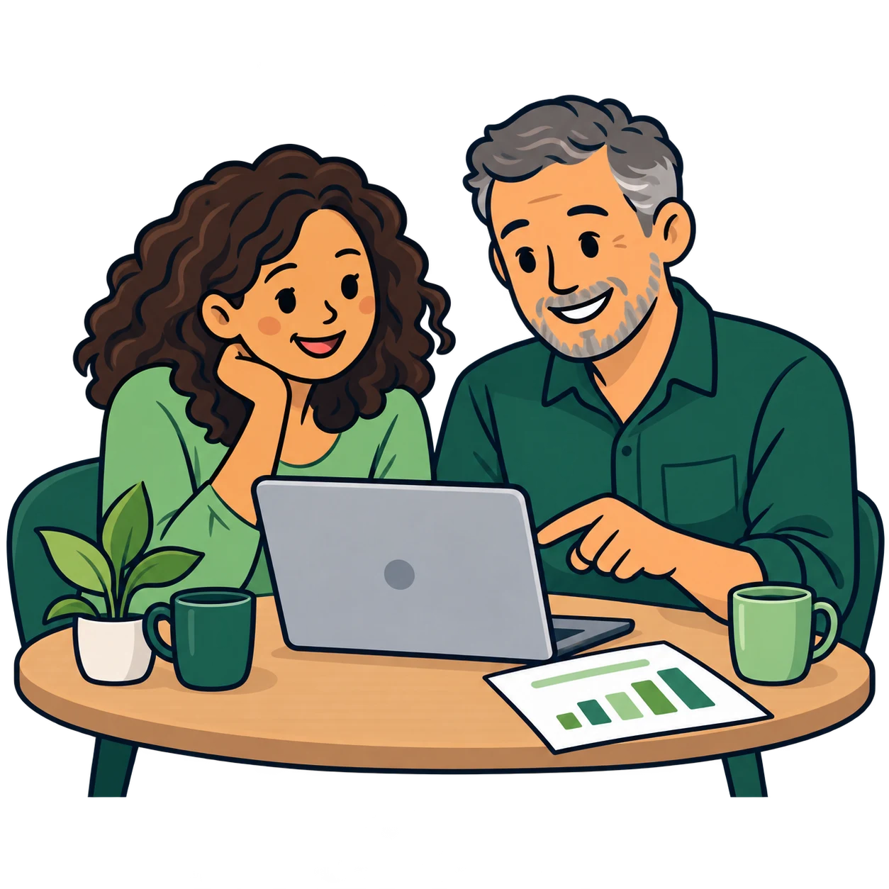 Zwei Erwachsene in unterschiedlichen Lebensphasen schauen entspannt gemeinsam auf ihre Unterlagen und einen Laptop. Illustration, keine Produktaufnahme.